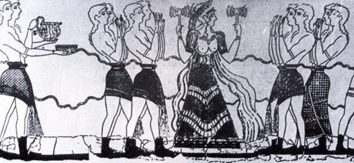 Reconstructed fresco of a goddess holding a labrys in each hand and worshippers