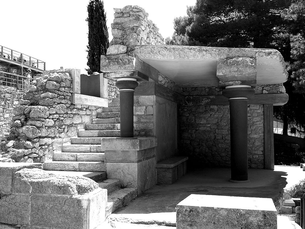 a photo of stairs leading into a chamber with pillars at Knossos