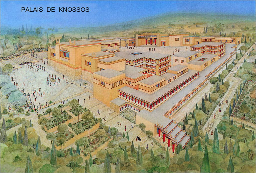an artist rendering of Palace of Knossos at its peak