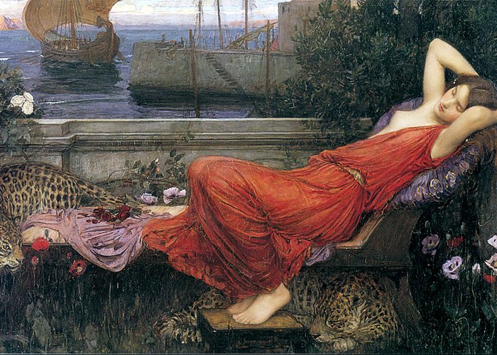 a painting of Ariadne in a reclining position with two leopards nearby. She is by a harbor.