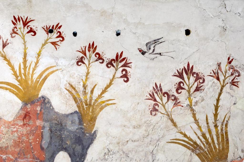 a close-up of the Spring Fresco from Akrokriti, depicting a rocky landscape with lilies and swallows