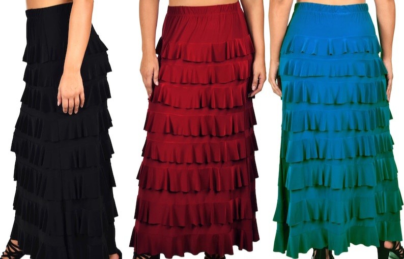 tiered ruffle maxi skirts in black, red, and teal